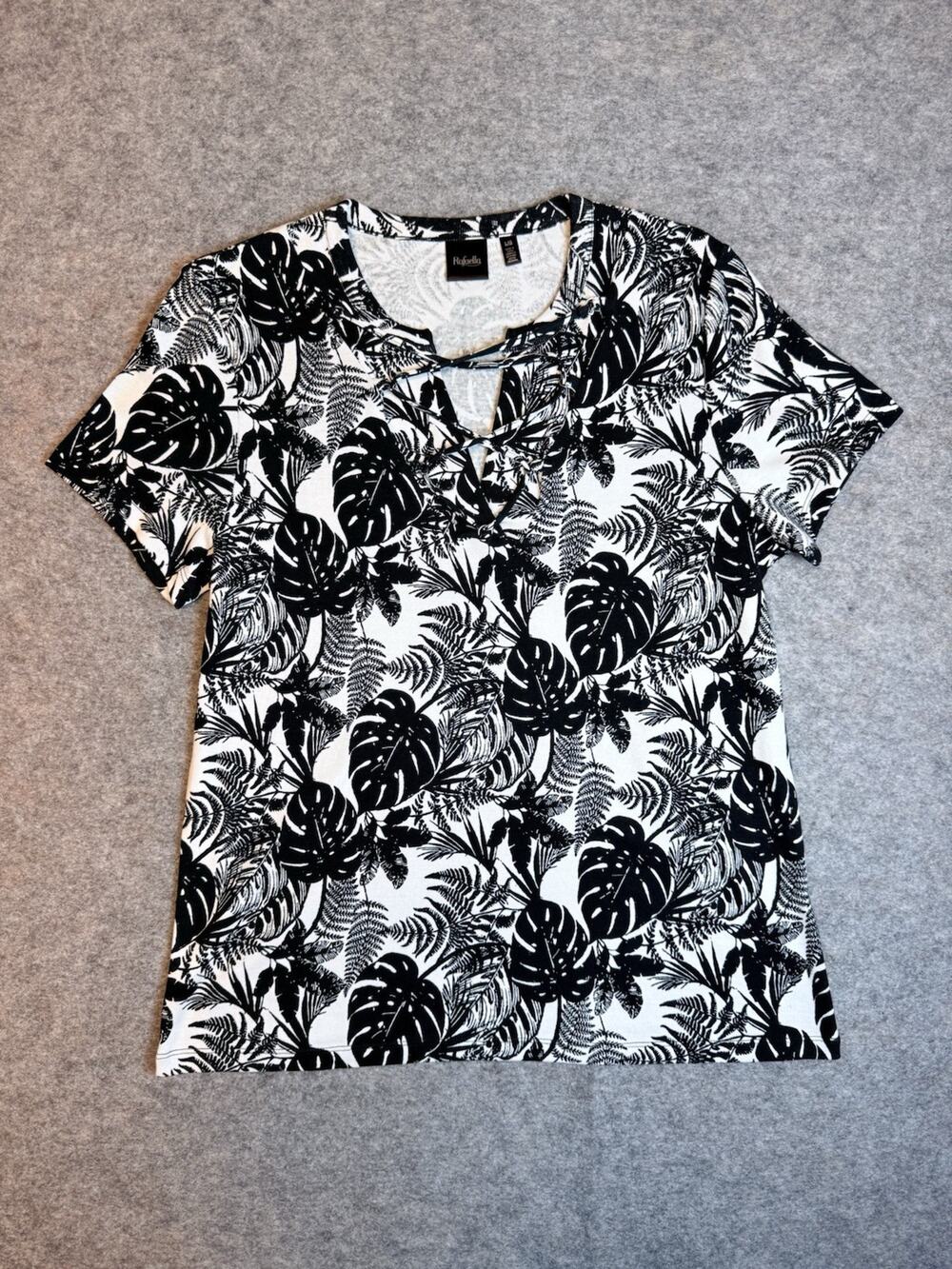 Rafaella Womens Size L Tropical Monstera Floral Print Lace Up V Neck Shirt Tee